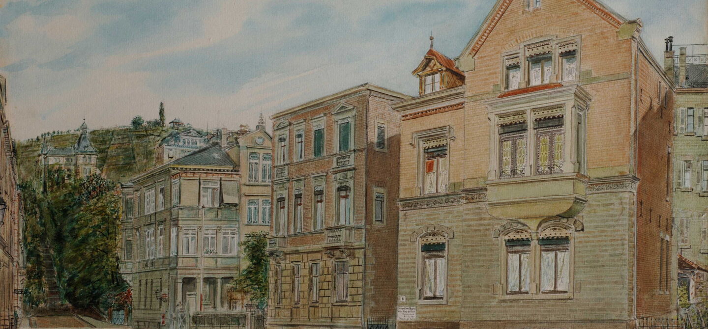 Koloriertes Aquarell vom Haus des Arztes Richard Haehl in Stuttgart, 1907 (IGM BILD 4349)