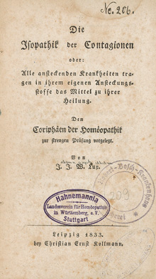 Titelblatt der Schrift „Isopathik der Contagionen“ von Johann Lux Titelblatt der Schrift „Isopathik der Contagionen“ von Johann Lux